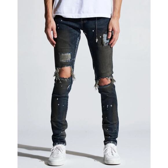En Noir Men's Paint Splatter Rip & Repair Distressed Skinny Fit Denim Jeans - Picture 1 of 8